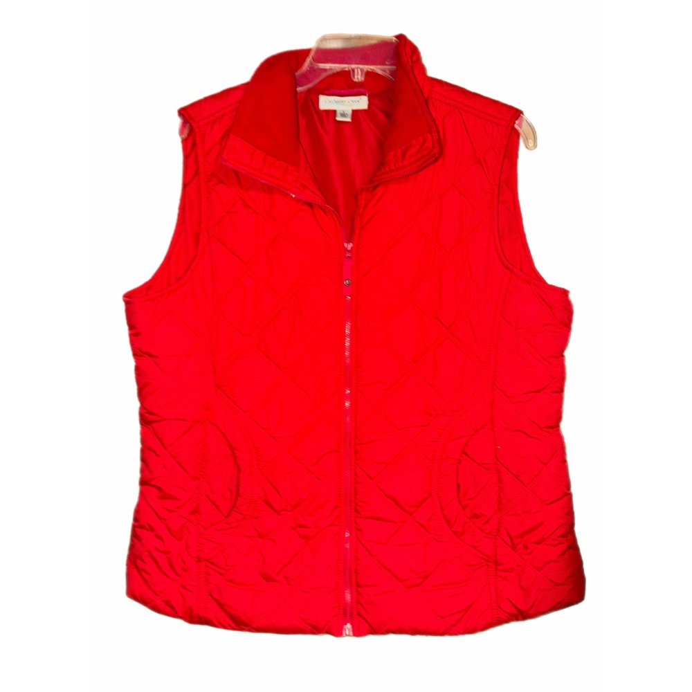 Coldwater Creek Red Quilted Zip Up Vest Fleece Lined Collar Large H28571
